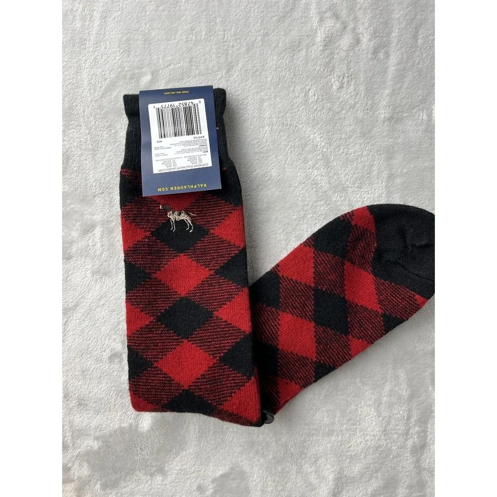 POLO RALPH LAUREN Sock Men Size 10-13 Hunting Dog Embroidered Red Diamond Check